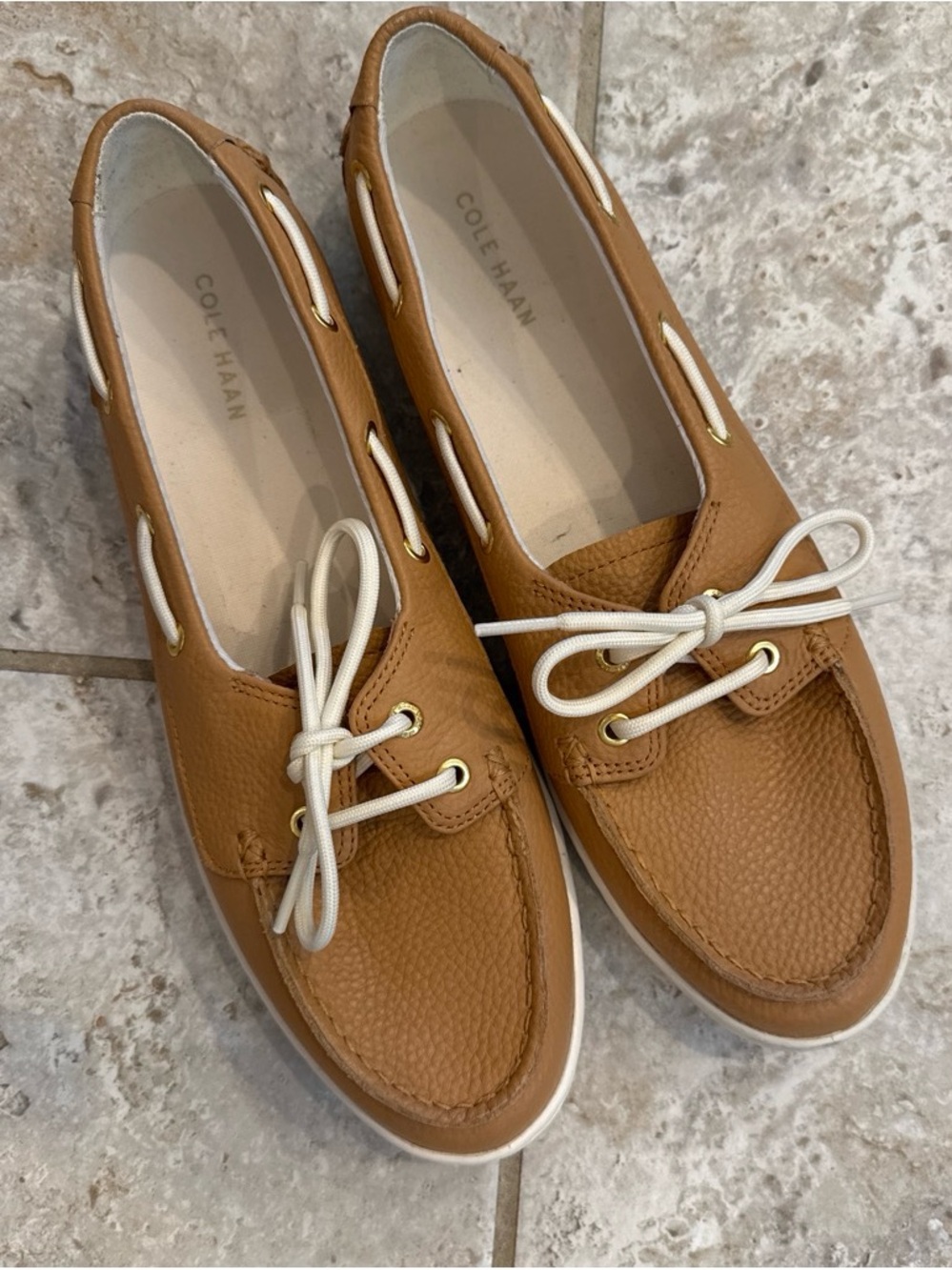 Cole Haan Women's Cognac Leather Boat Loafers with White Laces
